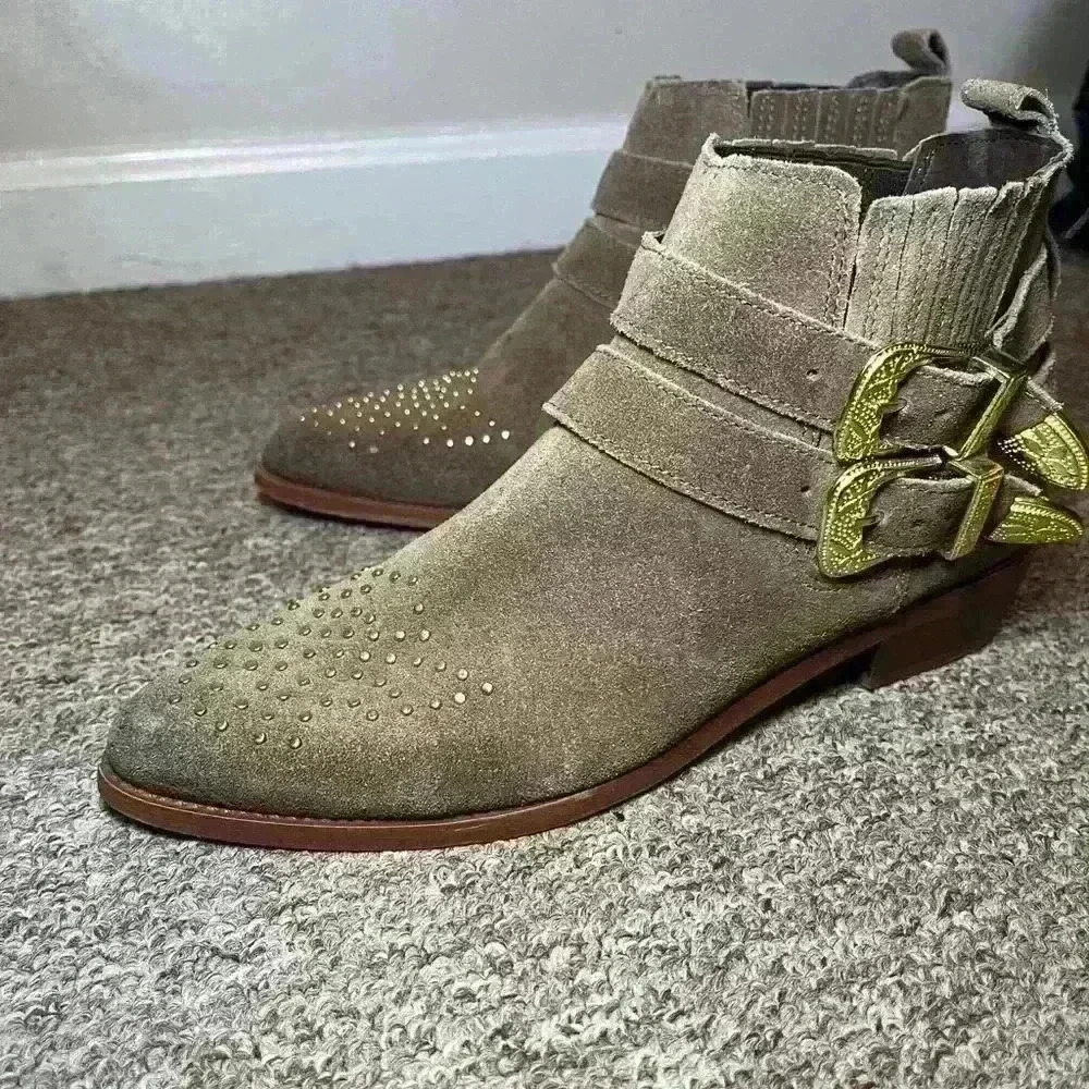 Steve Madden Suede Booties Gold Buckle Pointed Toe Size 8 | Boho Western Style